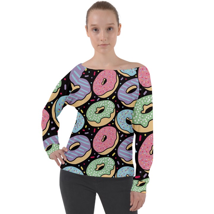 Colorful Donut Seamless Pattern On Black Vector Off Shoulder Long Sleeve Velour Top