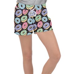 Colorful Donut Seamless Pattern On Black Vector Velour Lounge Shorts by Sobalvarro