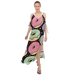 Colorful Donut Seamless Pattern On Black Vector Maxi Chiffon Cover Up Dress by Sobalvarro