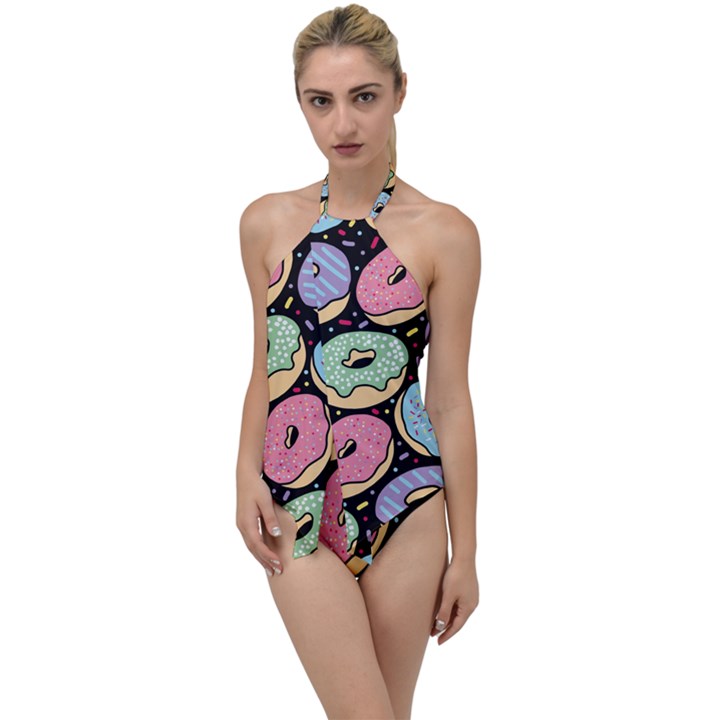 Colorful Donut Seamless Pattern On Black Vector Go with the Flow One Piece Swimsuit