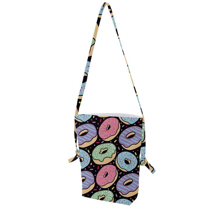 Colorful Donut Seamless Pattern On Black Vector Folding Shoulder Bag