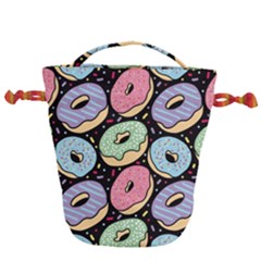 Colorful Donut Seamless Pattern On Black Vector Drawstring Bucket Bag by Sobalvarro