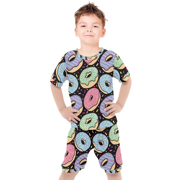 Colorful Donut Seamless Pattern On Black Vector Kids  Tee and Shorts Set