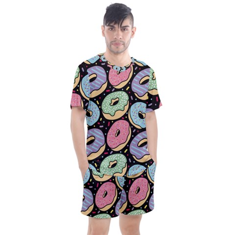 Colorful Donut Seamless Pattern On Black Vector Men s Mesh Tee And Shorts Set by Sobalvarro