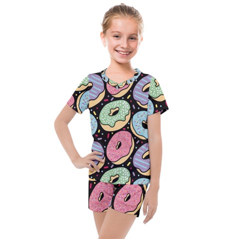 Colorful Donut Seamless Pattern On Black Vector Kids  Mesh Tee And Shorts Set by Sobalvarro