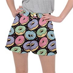 Colorful Donut Seamless Pattern On Black Vector Ripstop Shorts by Sobalvarro