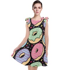 Colorful Donut Seamless Pattern On Black Vector Tie Up Tunic Dress by Sobalvarro