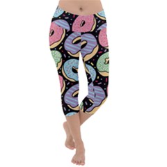 Colorful Donut Seamless Pattern On Black Vector Lightweight Velour Capri Yoga Leggings by Sobalvarro