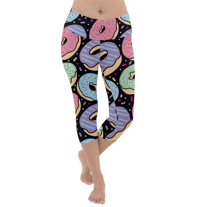 Colorful Donut Seamless Pattern On Black Vector Lightweight Velour Capri Yoga Leggings