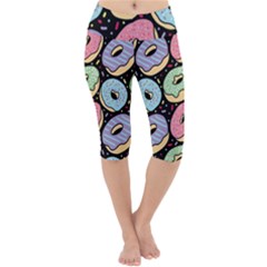 Colorful Donut Seamless Pattern On Black Vector Lightweight Velour Cropped Yoga Leggings by Sobalvarro