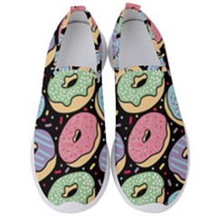 Colorful Donut Seamless Pattern On Black Vector Men s Slip On Sneakers by Sobalvarro