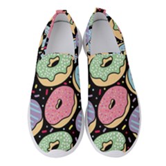 Colorful Donut Seamless Pattern On Black Vector Women s Slip On Sneakers by Sobalvarro