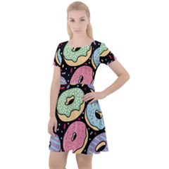 Colorful Donut Seamless Pattern On Black Vector Cap Sleeve Velour Dress  by Sobalvarro