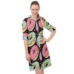 Colorful Donut Seamless Pattern On Black Vector Long Sleeve Mini Shirt Dress by Sobalvarro