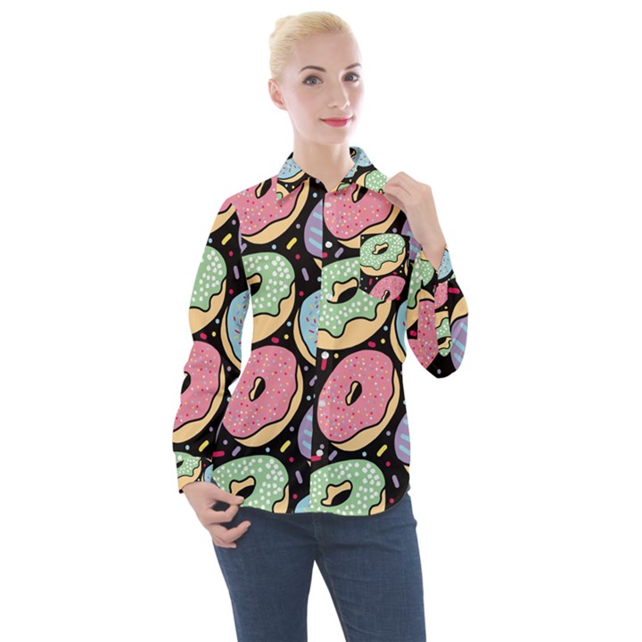 Colorful Donut Seamless Pattern On Black Vector Women s Long Sleeve Pocket Shirt