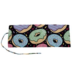 Colorful Donut Seamless Pattern On Black Vector Roll Up Canvas Pencil Holder (s) by Sobalvarro