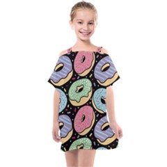 Colorful Donut Seamless Pattern On Black Vector Kids  One Piece Chiffon Dress by Sobalvarro