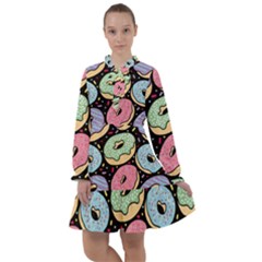 Colorful Donut Seamless Pattern On Black Vector All Frills Chiffon Dress by Sobalvarro