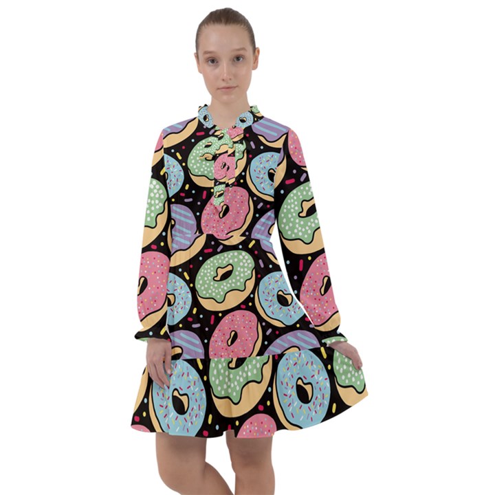 Colorful Donut Seamless Pattern On Black Vector All Frills Chiffon Dress