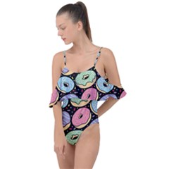 Colorful Donut Seamless Pattern On Black Vector Drape Piece Swimsuit by Sobalvarro