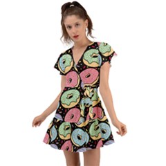 Colorful Donut Seamless Pattern On Black Vector Flutter Sleeve Wrap Dress by Sobalvarro