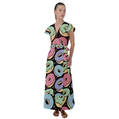 Colorful Donut Seamless Pattern On Black Vector Flutter Sleeve Maxi Dress by Sobalvarro