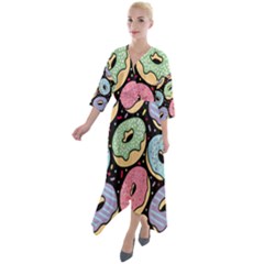 Colorful Donut Seamless Pattern On Black Vector Quarter Sleeve Wrap Front Maxi Dress by Sobalvarro