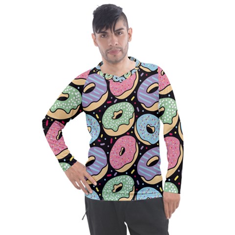 Colorful Donut Seamless Pattern On Black Vector Men s Pique Long Sleeve Tee by Sobalvarro