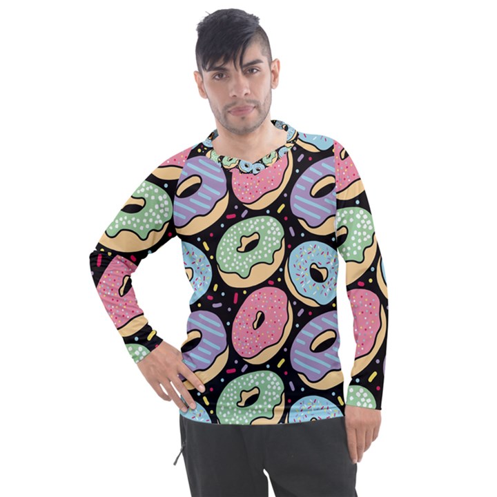 Colorful Donut Seamless Pattern On Black Vector Men s Pique Long Sleeve Tee