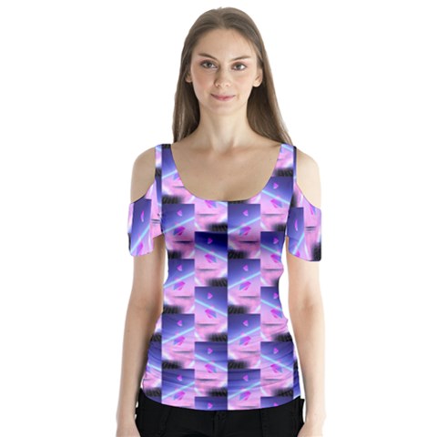 Digital Waves Butterfly Sleeve Cutout Tee  by Sparkle