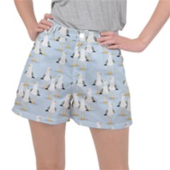 Cute Seagulls Seamless Pattern Light Blue Background Ripstop Shorts by Wegoenart