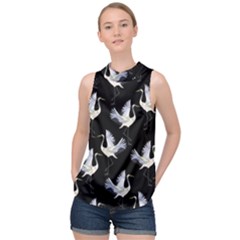 Crane Pattern High Neck Satin Top by Wegoenart