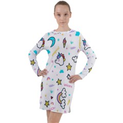 Unicorns Rainbows Seamless Pattern Long Sleeve Hoodie Dress by Wegoenart