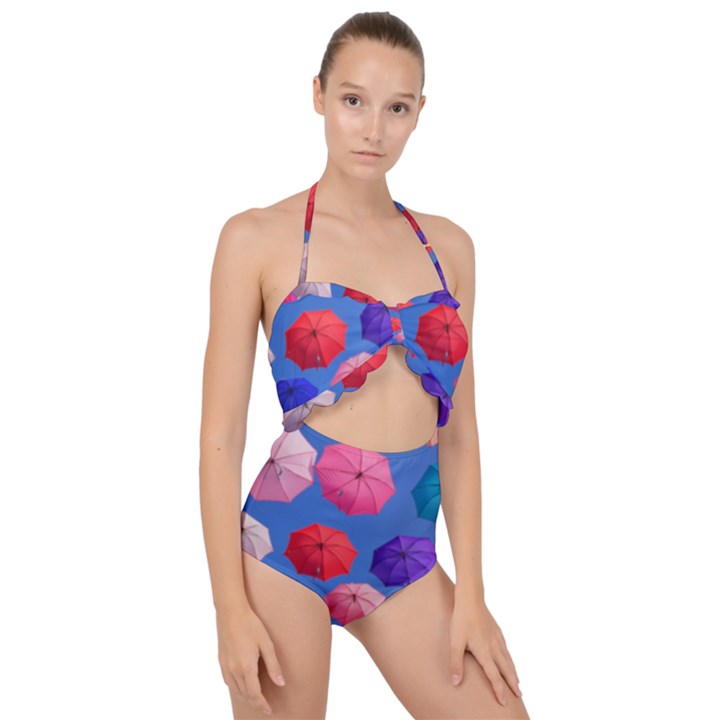 Rainbow Umbrella Scallop Top Cut Out Swimsuit