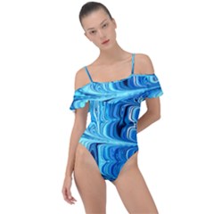 Blue Waves Frill Detail One Piece Swimsuit by Sparkle