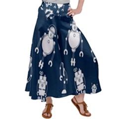 White Robot Blue Seamless Pattern Satin Palazzo Pants by Vaneshart