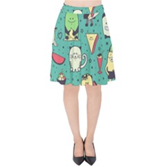 Seamless Pattern With Funny Monsters Cartoon Hand Drawn Characters Unusual Creatures Velvet High Waist Skirt by Vaneshart