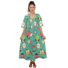 Seamless Pattern With Funny Monsters Cartoon Hand Drawn Characters Unusual Creatures Kimono Sleeve Boho Dress by Vaneshart