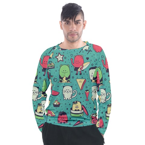 Seamless Pattern With Funny Monsters Cartoon Hand Drawn Characters Unusual Creatures Men s Long Sleeve Raglan Tee by Vaneshart