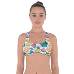 Seamless Pattern Tropical Fruit Banana Watermelon Papaya Lemon Orange Monstera Got No Strings Sports Bra by Vaneshart