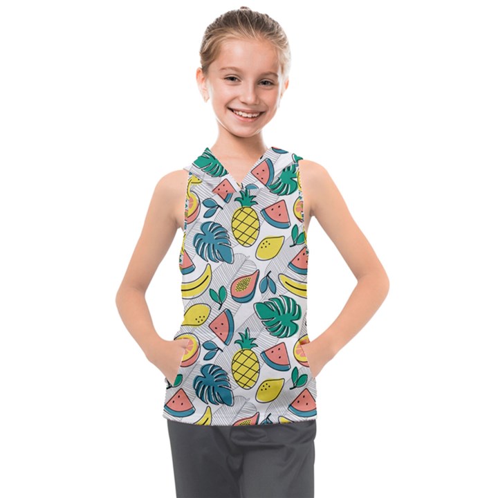 Seamless Pattern Tropical Fruit Banana Watermelon Papaya Lemon Orange Monstera Kids  Sleeveless Hoodie