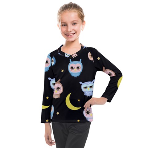 Cute Owl Doodles With Moon Star Seamless Pattern Kids  Long Mesh Tee by Vaneshart