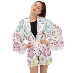 Cute Doodle Cartoon Seamless Pattern Long Sleeve Kimono by Vaneshart