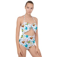 Birds Pattern Design Scallop Top Cut Out Swimsuit by Vaneshart