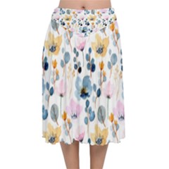 Watercolor Floral Seamless Pattern Velvet Flared Midi Skirt by TastefulDesigns