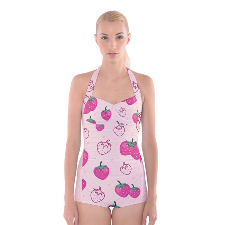 Seamless strawberry fruit pattern background Boyleg Halter Swimsuit 