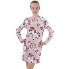 Cute-unicorn-rainbow-seamless-pattern-background Long Sleeve Hoodie Dress by Vaneshart