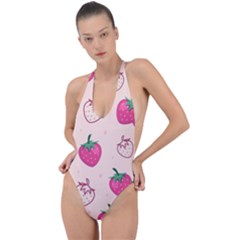 Seamless-strawberry-fruit-pattern-background Backless Halter One Piece Swimsuit by Vaneshart