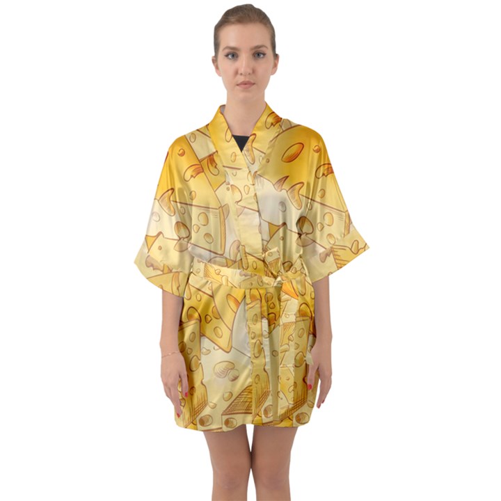 Cheese slices seamless pattern cartoon style Half Sleeve Satin Kimono 