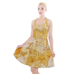 Cheese Slices Seamless Pattern Cartoon Style Halter Party Swing Dress  by BangZart